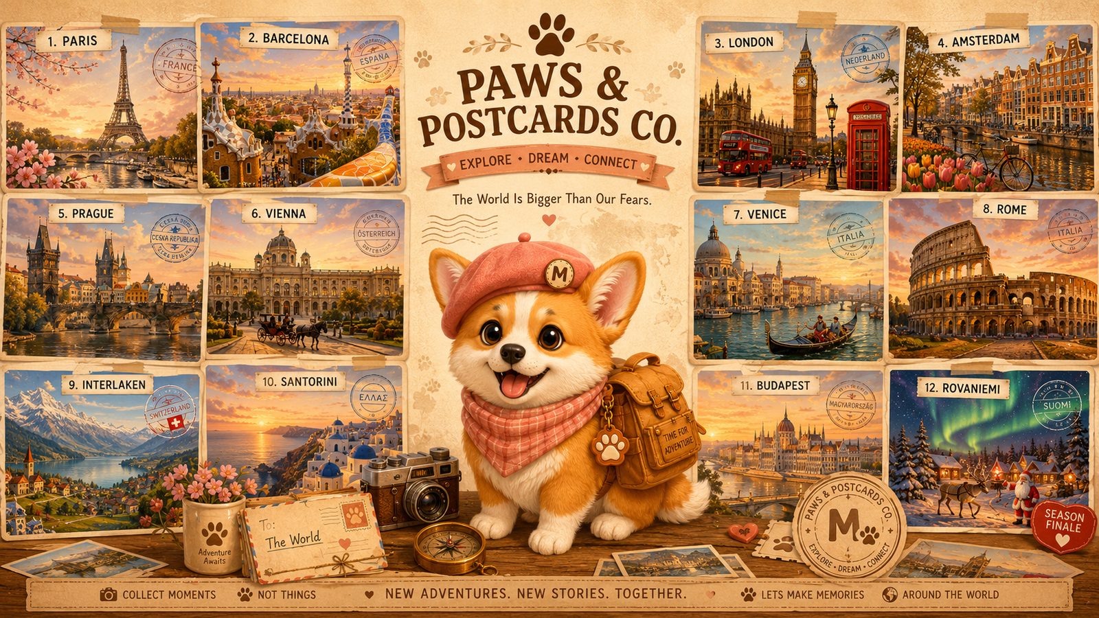 Paws & Postcards Co. destination cards: Paris, Barcelona, London, Amsterdam, Prague, Vienna, Venice, Rome, Interlaken, Santorini, Budapest and Rovaniemi