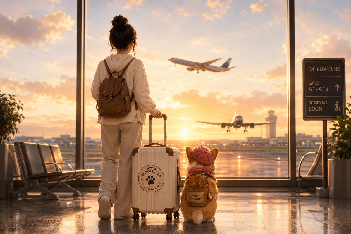 Yen and Mochi waiting at the airport, ready for the next adventure