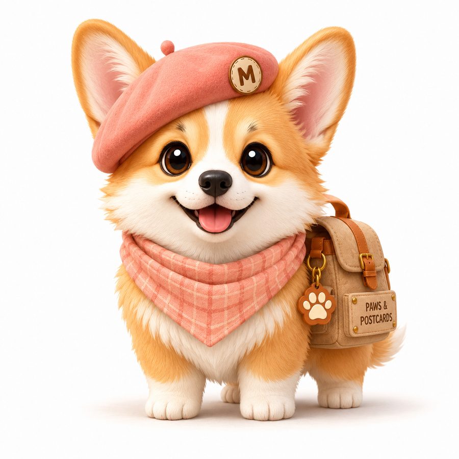 Mochi the corgi explorer, wearing a salmon-pink beret and canvas satchel