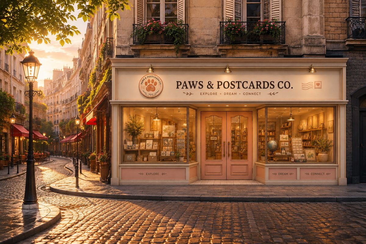 The Paws & Postcards Co. storefront, tucked into a cobblestone street
