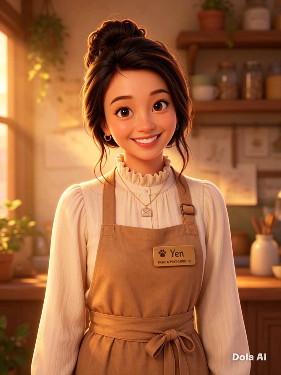 Yen, the story keeper behind Paws & Postcards Co.